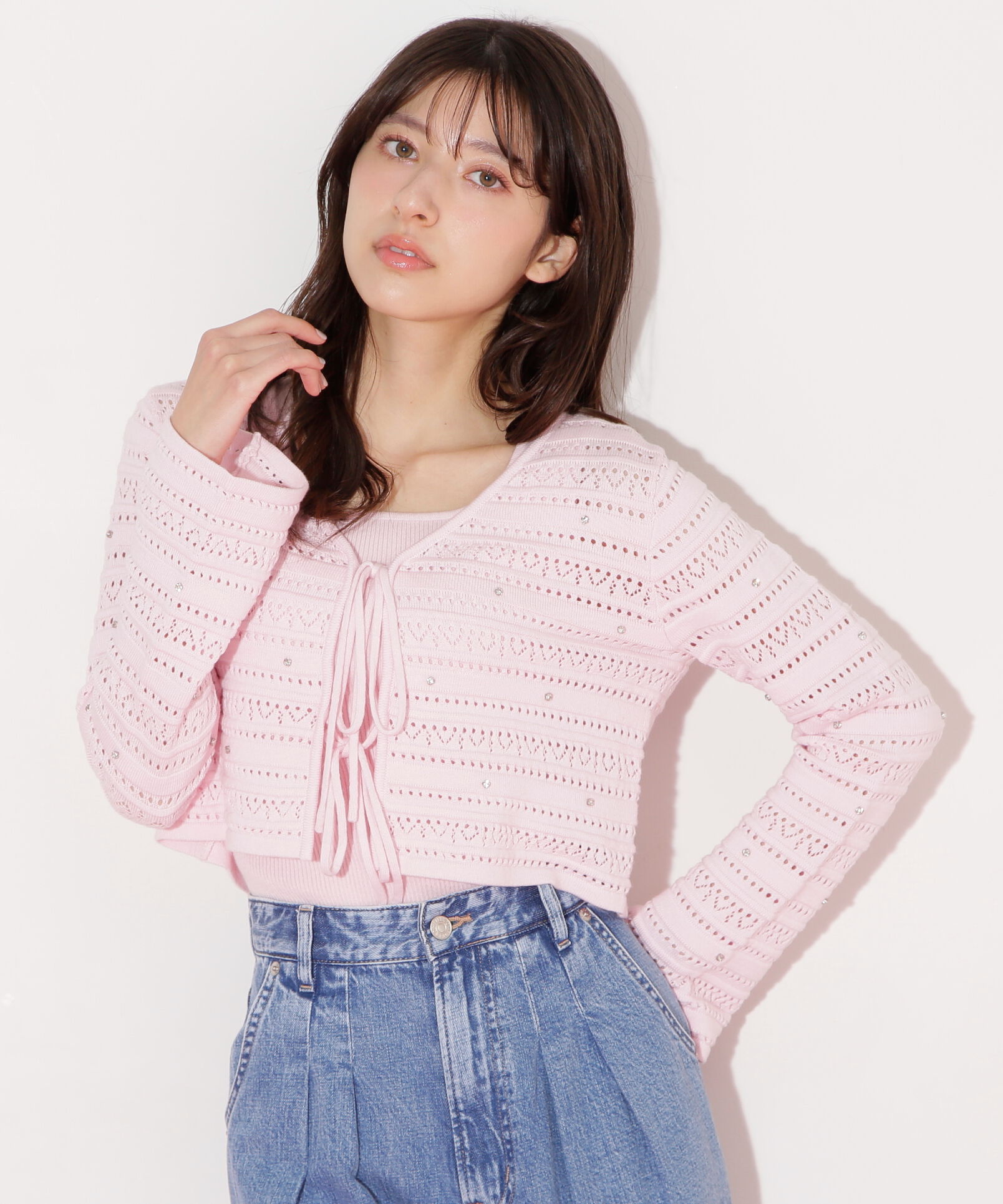  「ビジュー付きカギ編みアンサンブル」|ニット・セーター|