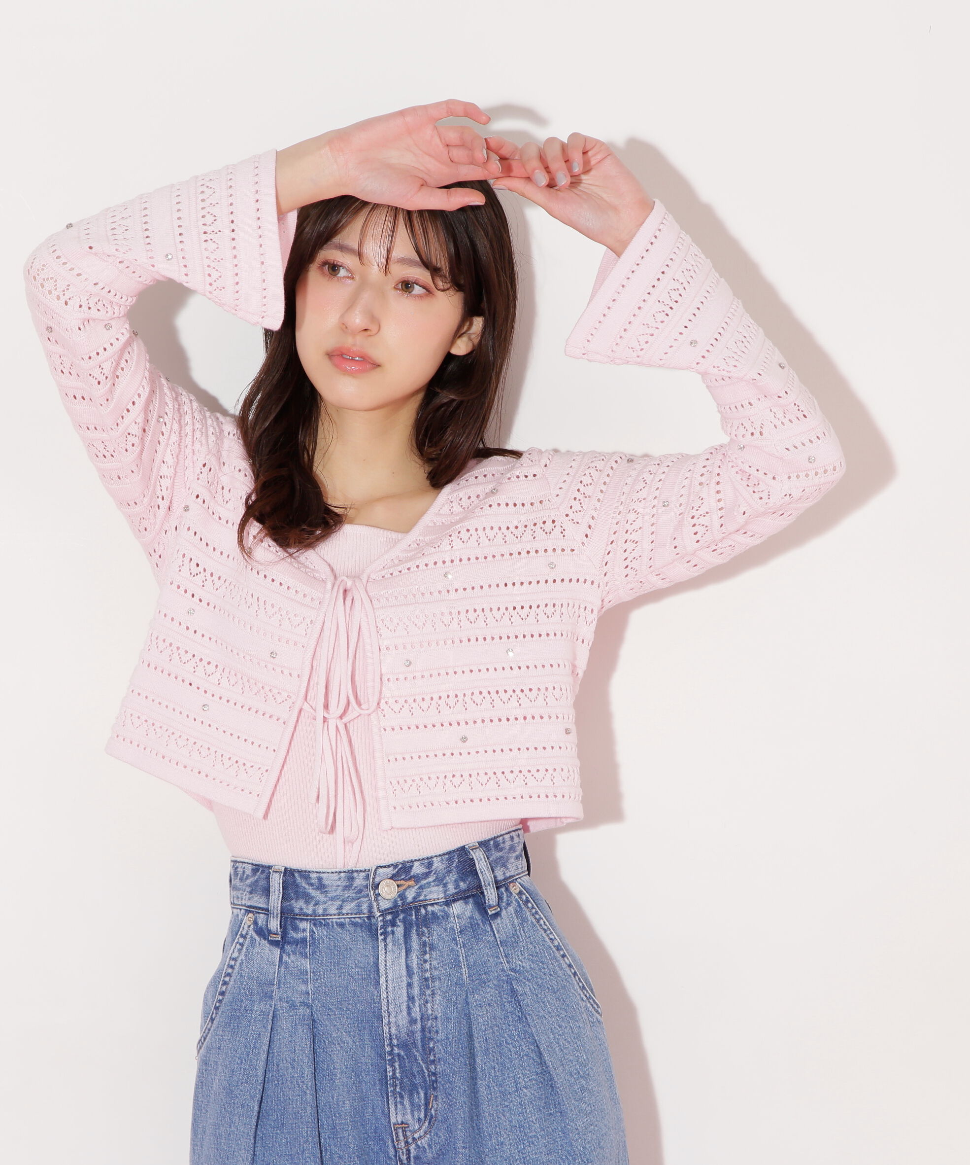  「ビジュー付きカギ編みアンサンブル」|ニット・セーター|