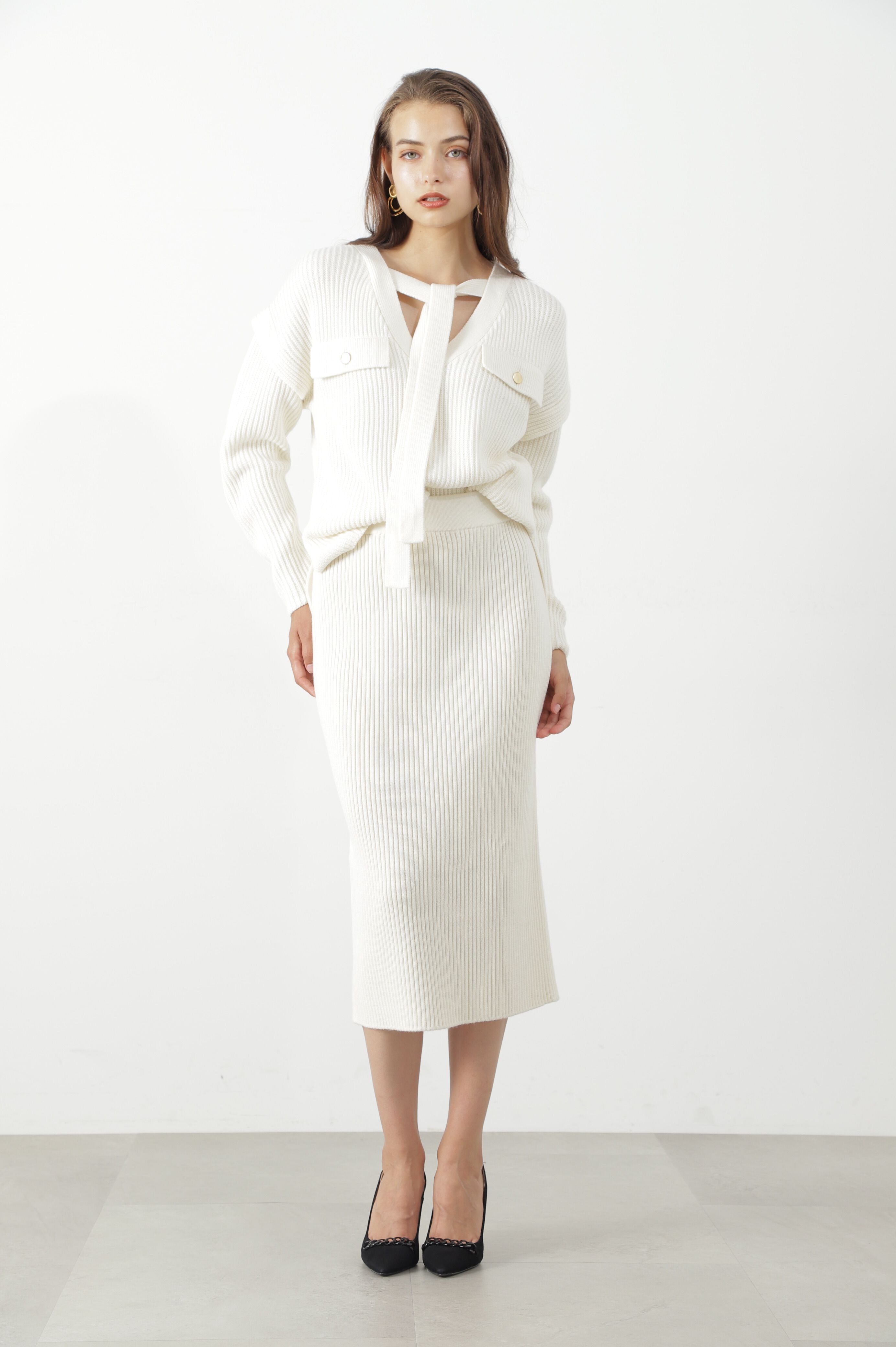  「◆片畦ボウタイミドルゲージニットプルオーバー」|ニット・セーター|