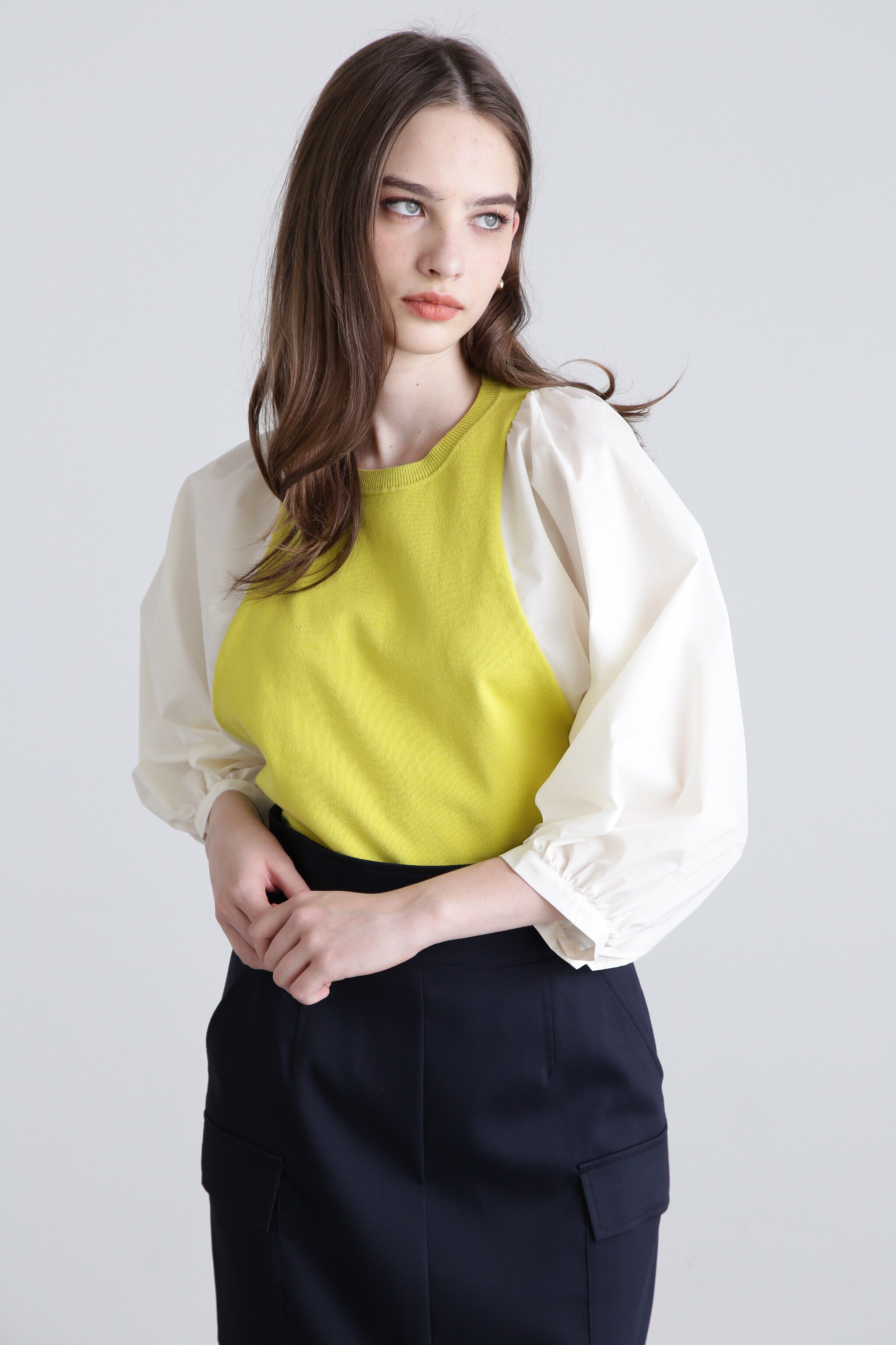  「◆ボリュームスリーブコンビ ニットプルオーバー」|ニット・セーター|