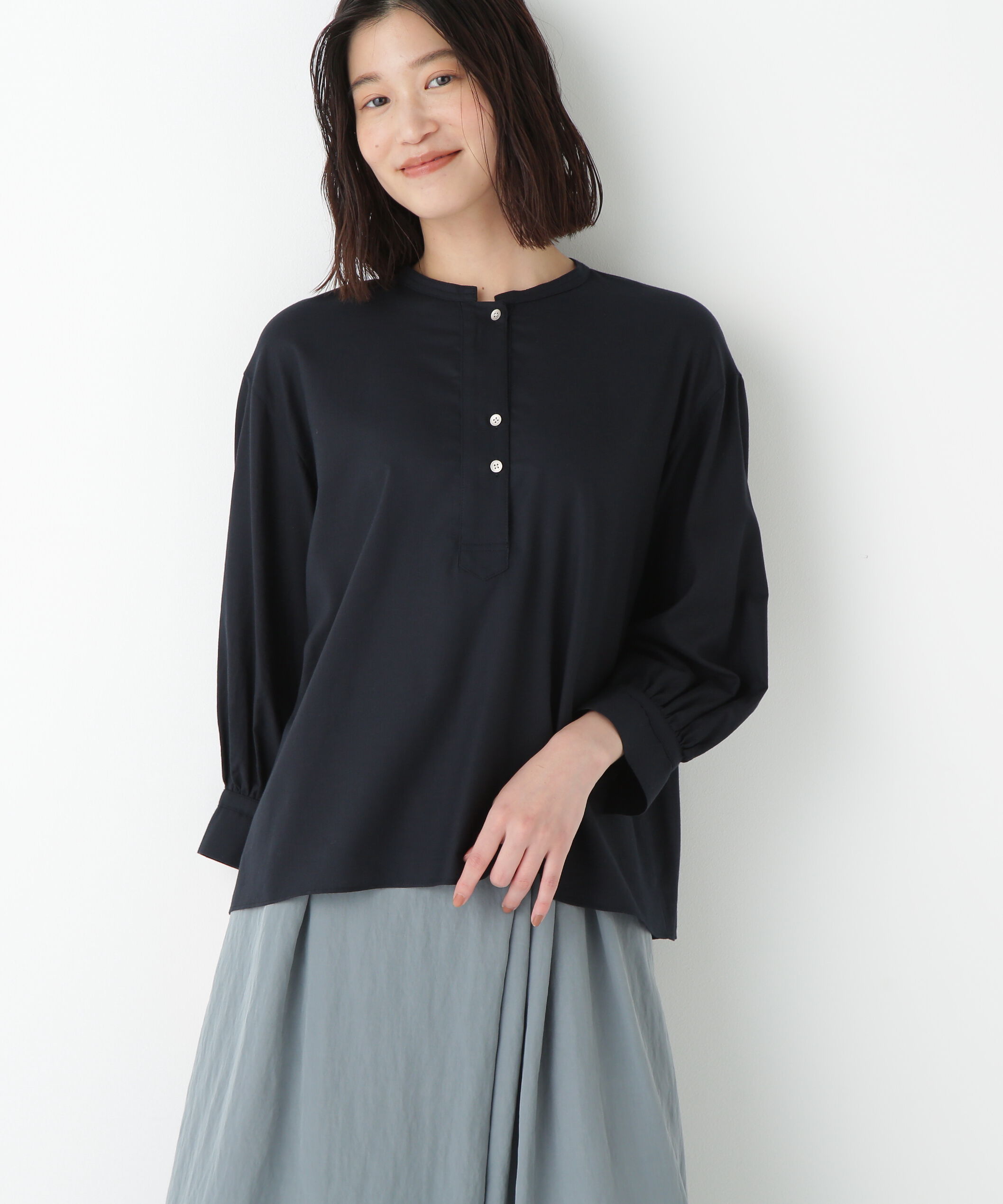  「◆綿シルクスキッパーブラウス」|シャツ・ブラウス|ネイビー