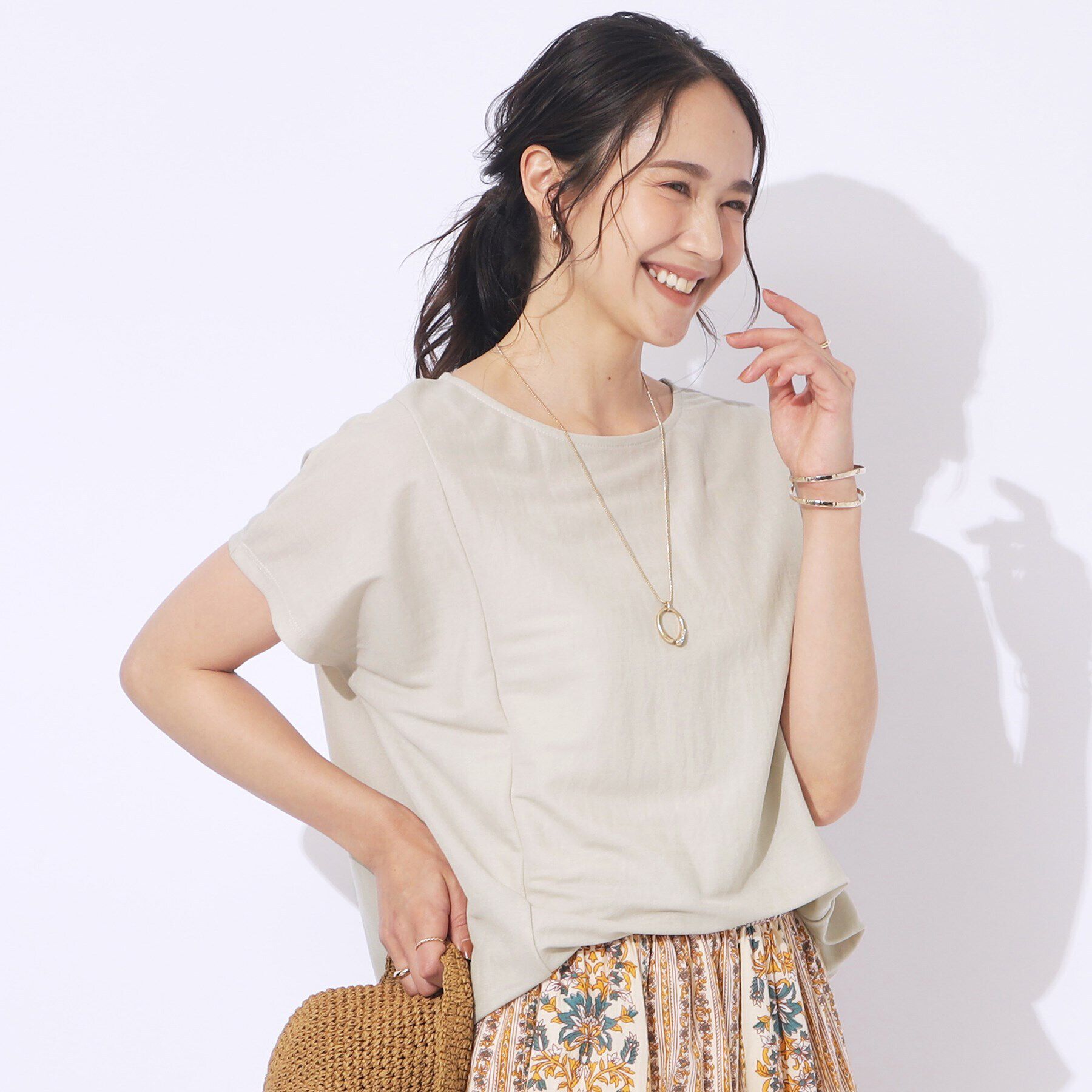 SHOO･LA･RUE「【洗える/体型カバー】上品カジュアル 切替カノコトップス」|Tシャツ・カットソー|グレージュ(050)