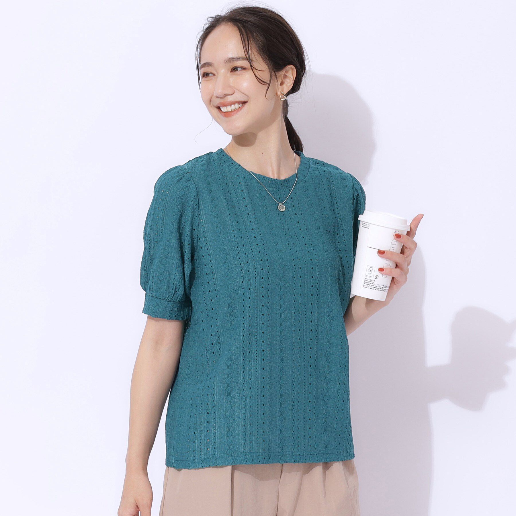 SHOO･LA･RUE「【高レビュー】大人フェミニンな雰囲気漂う　ジャカードレーストップス」|Tシャツ・カットソー|ブルーグリーン(09