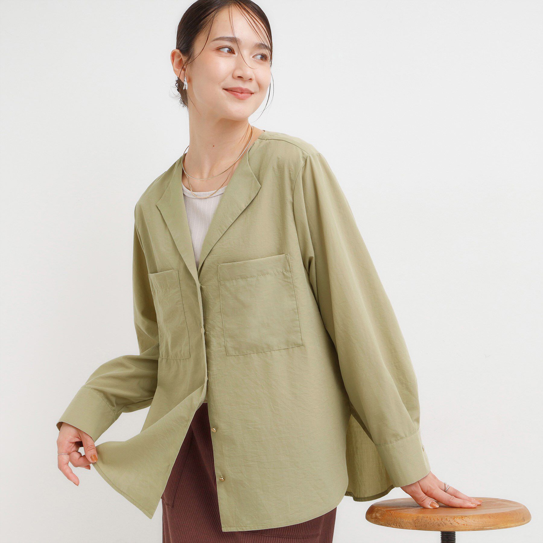 SHOO･LA･RUE「リラックス感のある オープンカラーシャツ」|シャツ・ブラウス|オリーブグリーン(0