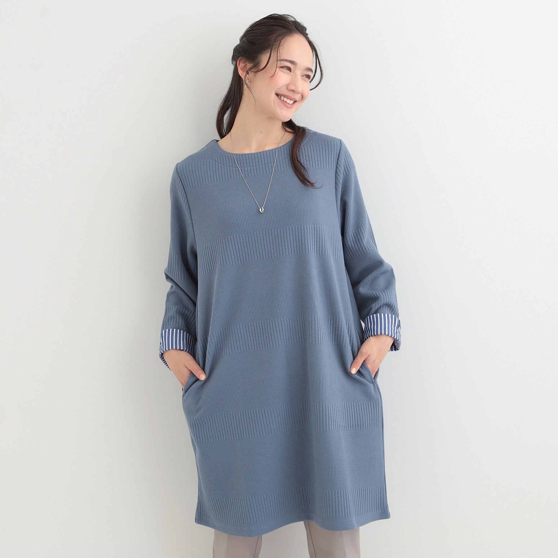 SHOO･LA･RUE「【体型カバー/洗濯機可/S-LL】お袖ストライプAラインチュニック」|チュニック|