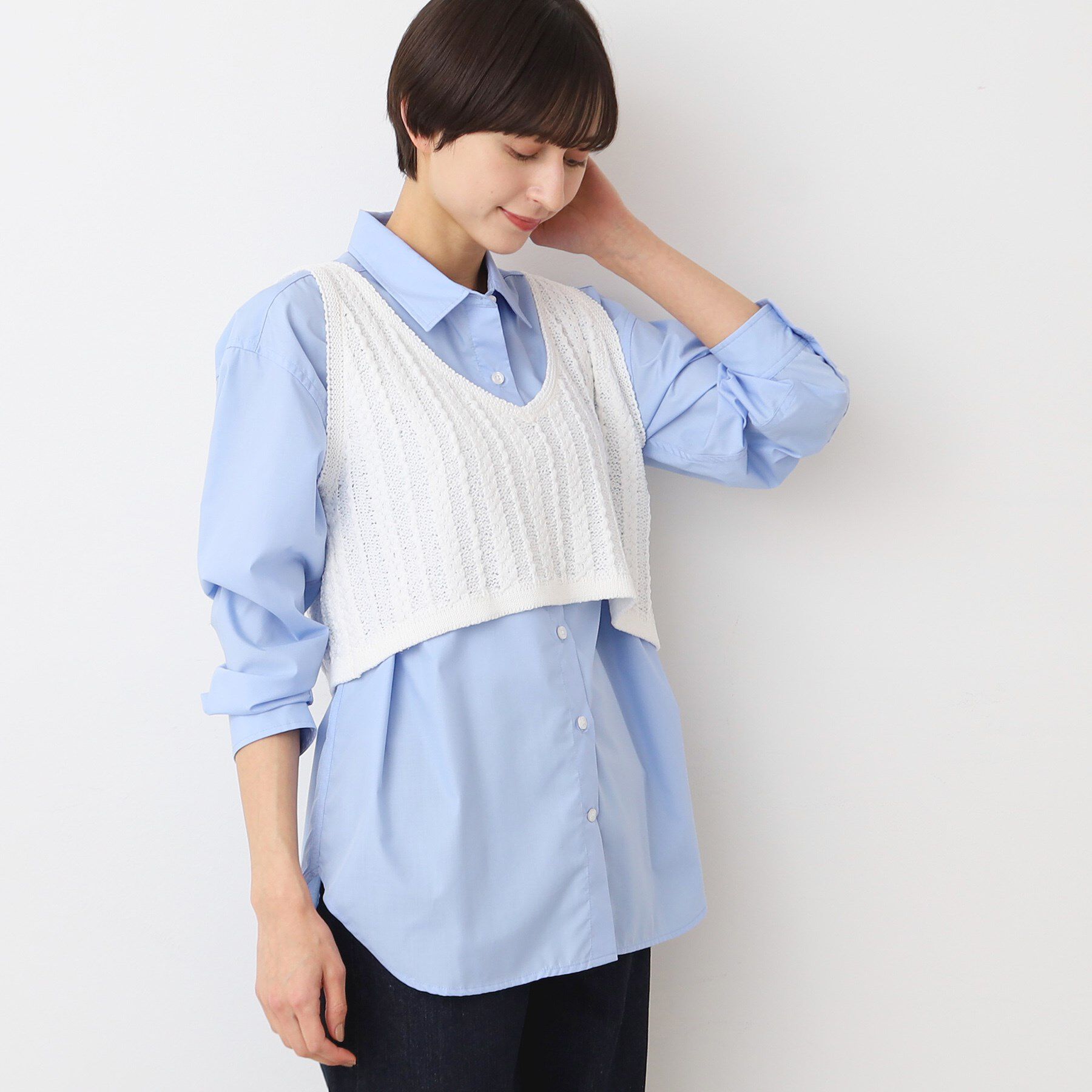 Dessin「【洗える】クロップド丈Vネックニットベスト」|ベスト・ジレ|