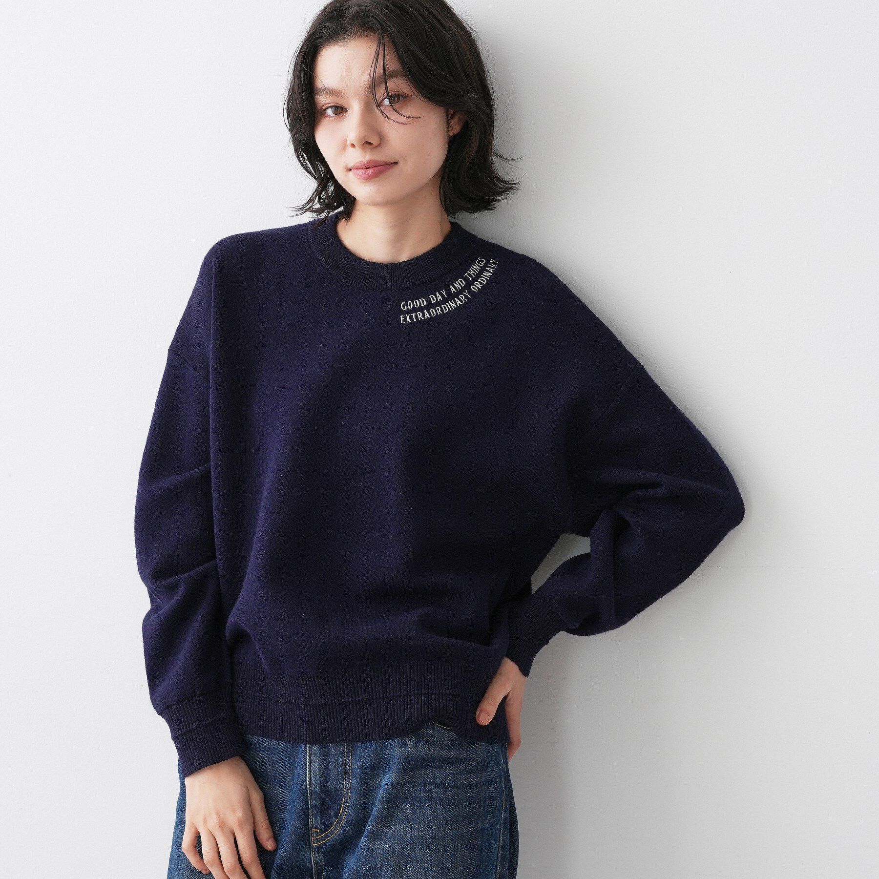 Dessin「【ユニセックス/洗える】ロゴ刺繍入りコットンジャカード」|ニット・セーター|ネイビー(094)