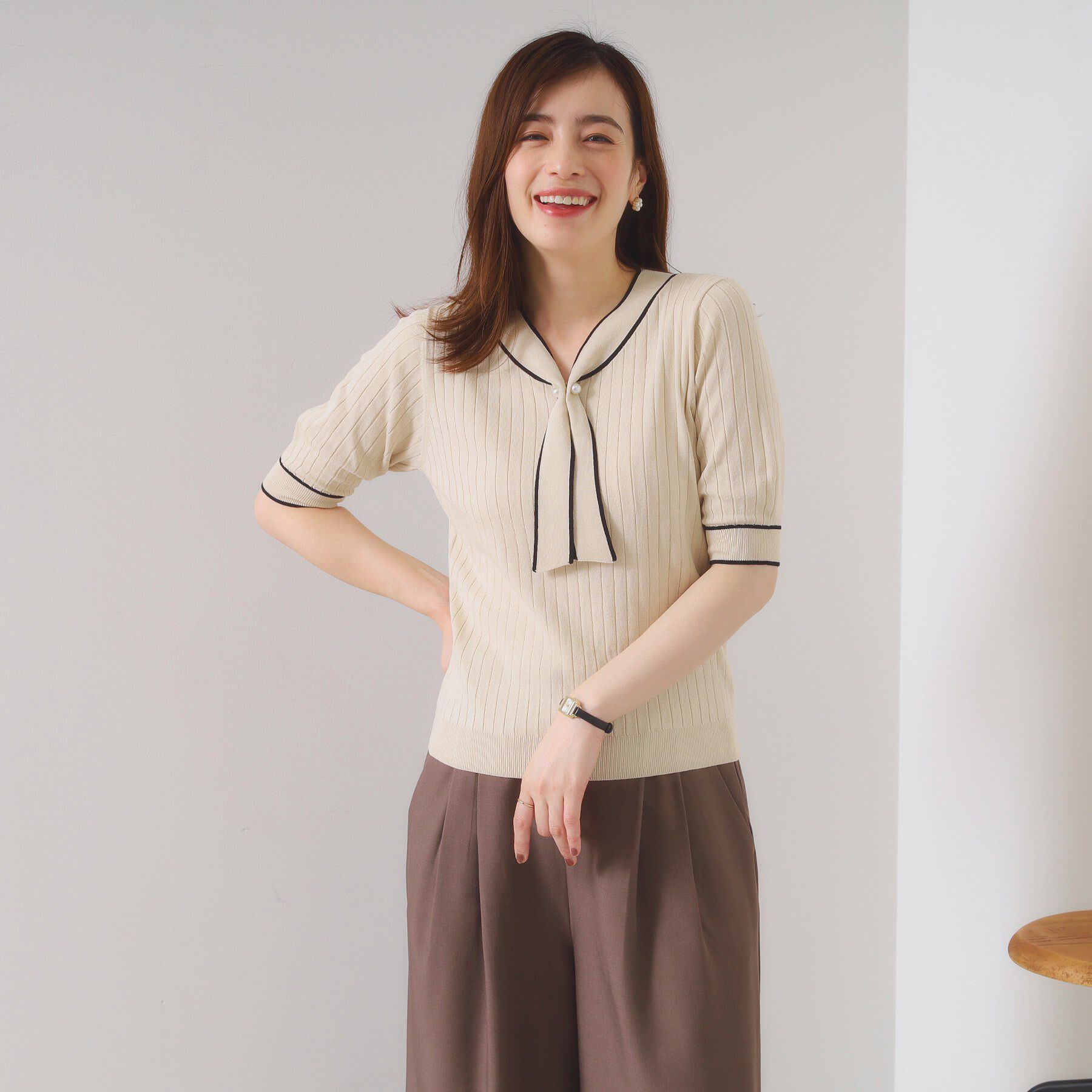 ITS&rsquo;DEMO「【手洗い可】配色ボウタイニット」|ニット・セーター|アイボリー(004)