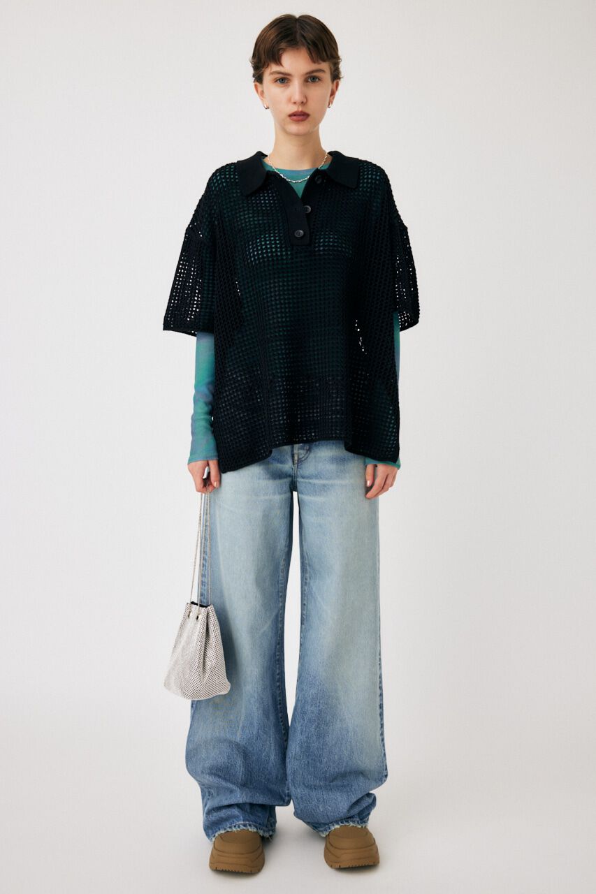 MOUSSY「MESH S/S POLO ニットトップス」|ニット・セーター|BLK