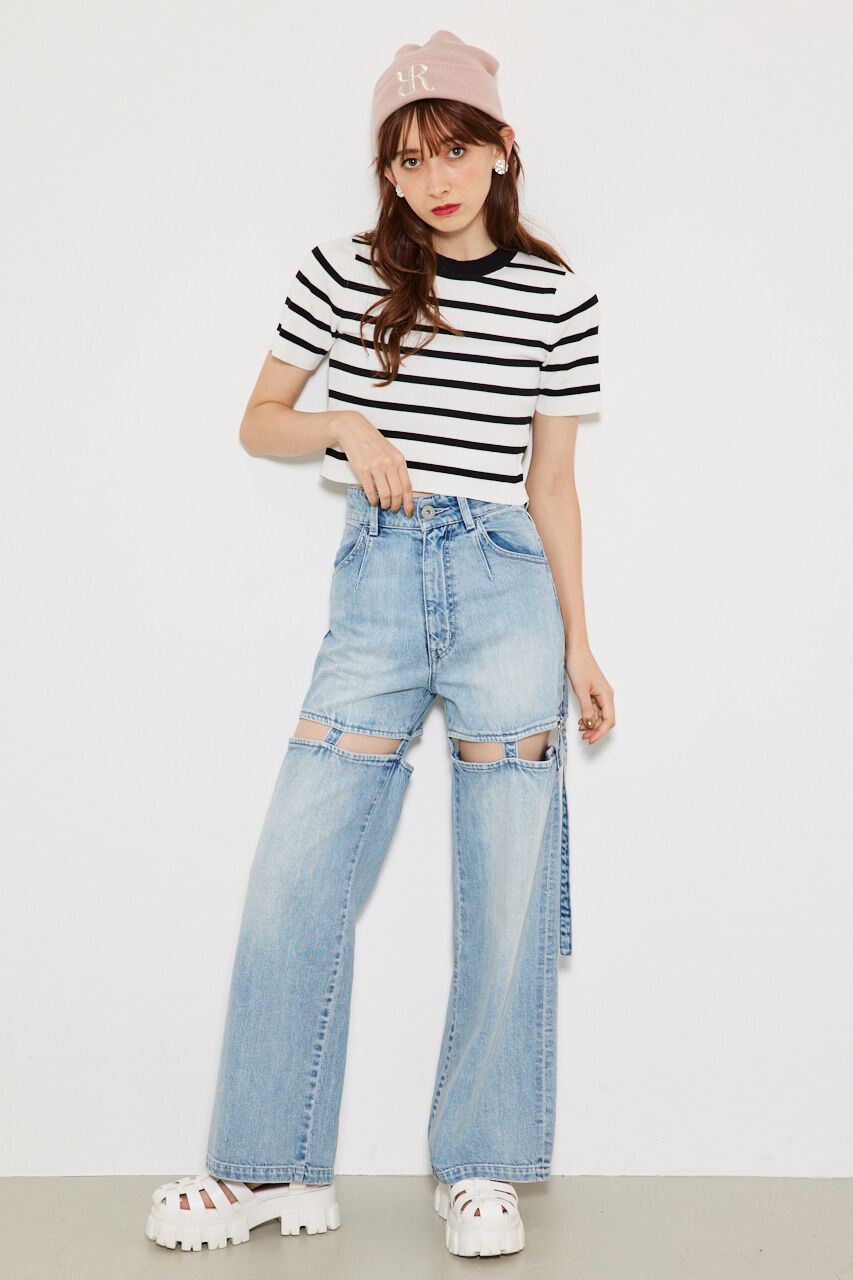 rienda「ボーダーショートknitTOP」|ニット・セーター|