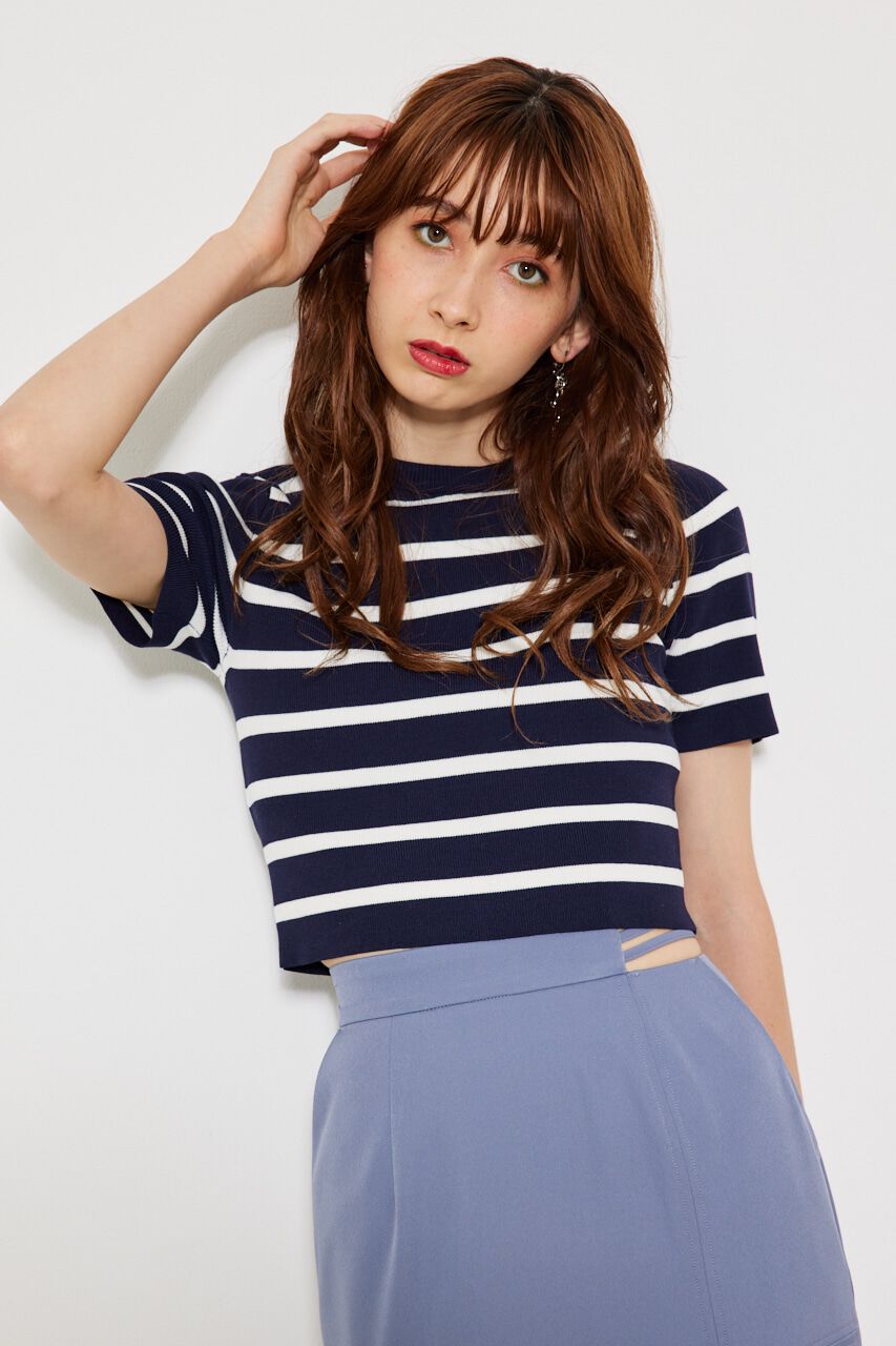 rienda「ボーダーショートknitTOP」|ニット・セーター|