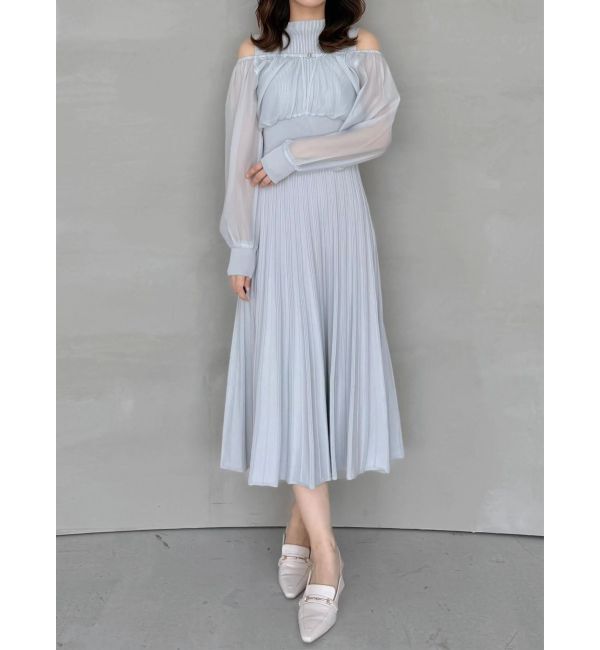 MERCURYDUO「異素材ドッキングプリーツフレアニットワピース」|ワンピース|ライトグレー