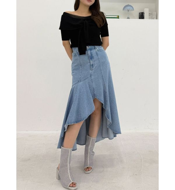 MERCURYDUO「デニムイレギュラーヘムフレアスカート」|スカート|