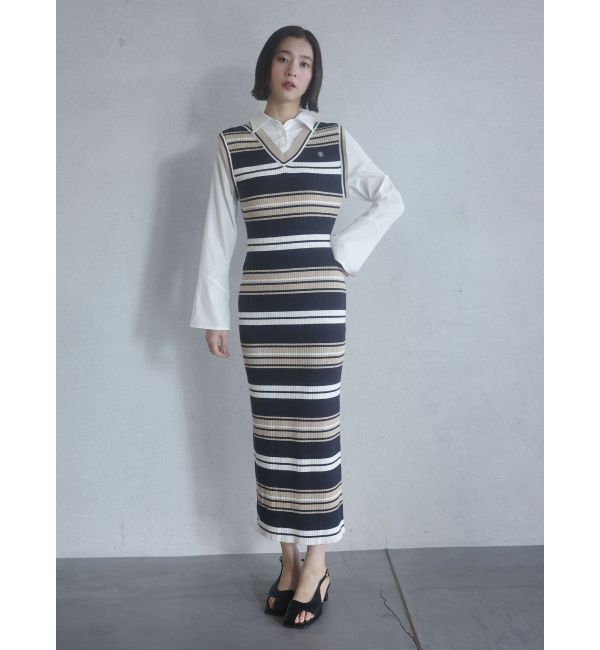 LAGUNAMOON「シャツレイヤードボーダーニットワンピース」|ワンピース|
