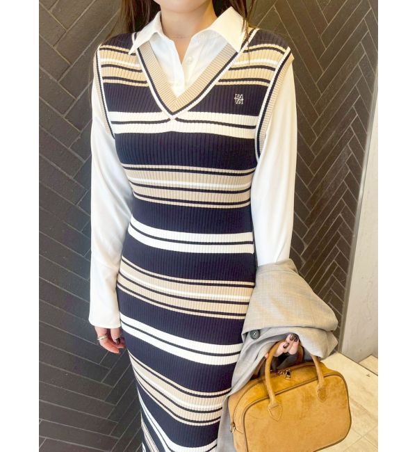LAGUNAMOON「シャツレイヤードボーダーニットワンピース」|ワンピース|