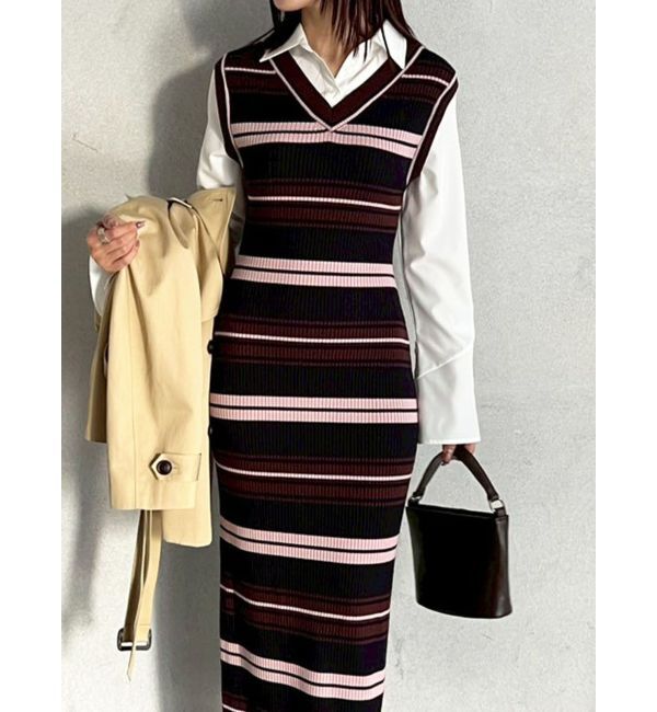 LAGUNAMOON「シャツレイヤードボーダーニットワンピース」|ワンピース|ブラウン