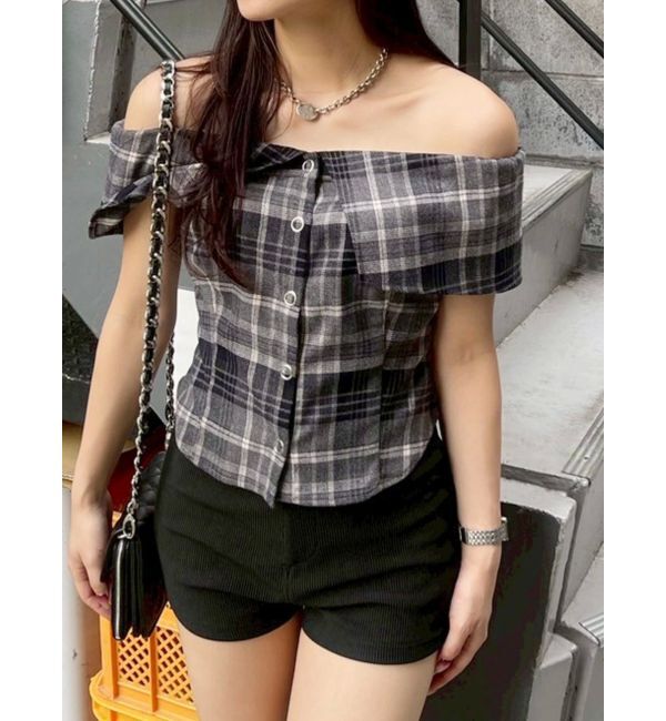 EVRIS「チェックオフショルブラウス」|シャツ・ブラウス|