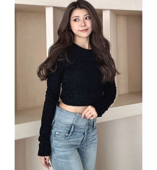 GYDA「BACK リボンラメシャギーショートニットトップス」|ニット・セーター|