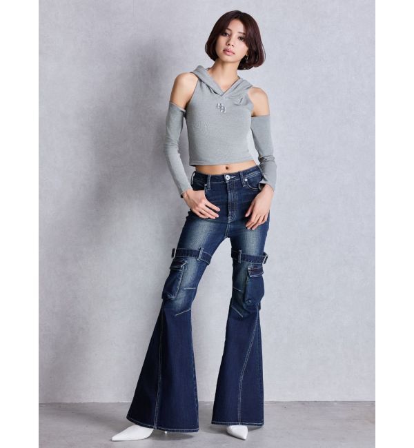 GYDA「ハイウエスト strap cargo designフレアデニムパンツ」|デニム|