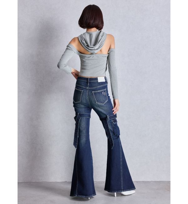 GYDA「ハイウエスト strap cargo designフレアデニムパンツ」|デニム|