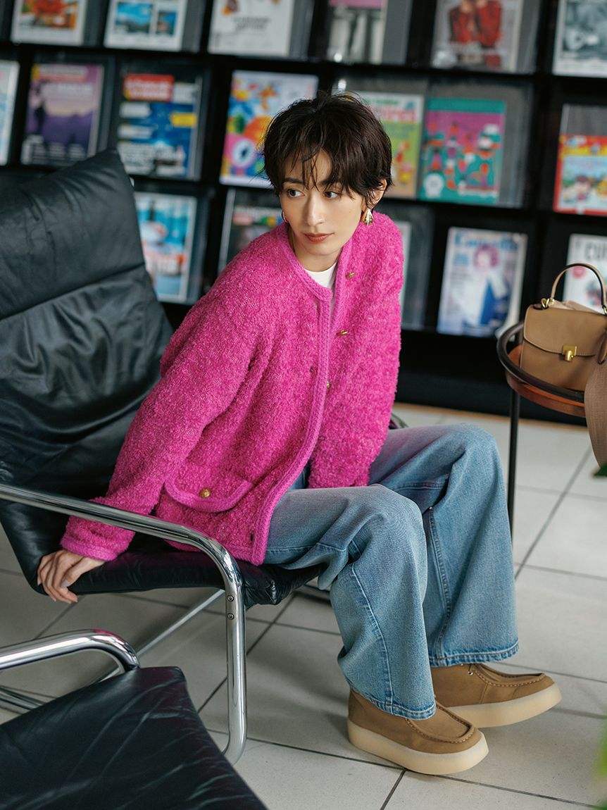 Mila Owen「金釦テディラメニットジャケット」|ノーカラージャケット|