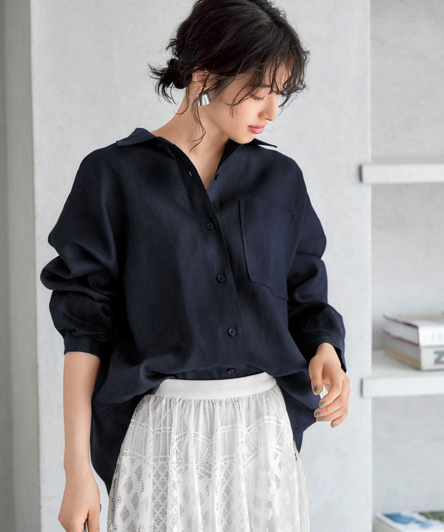 STYLE DELI「【LUXE】リネン100%リラックスシャツ」|ワンピース|ネイビー