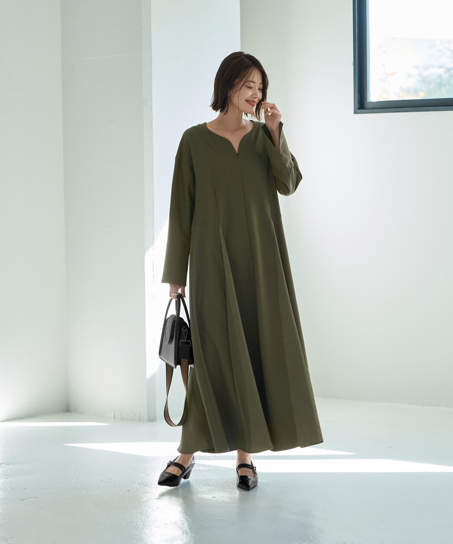 STYLE DELI「【LUXE】フロントファスナー微配色ワンピース」|ワンピース|カーキ