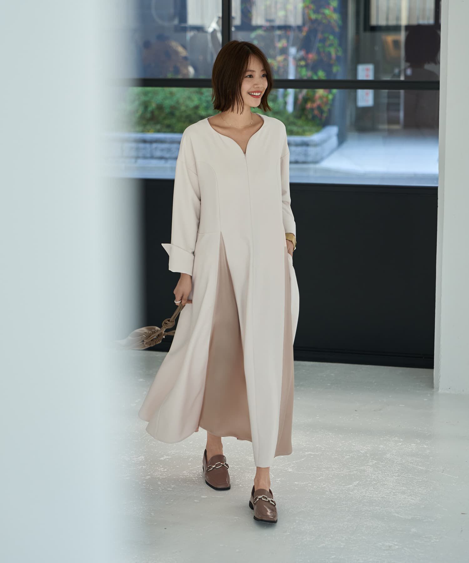 STYLE DELI「【LUXE】フロントファスナー微配色ワンピース」|ワンピース|エクリュベージュ