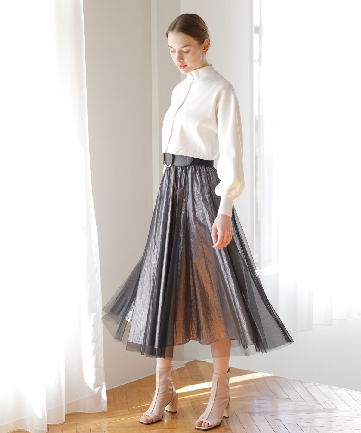 アンドクチュール「チュールレイヤード箔スカート」|フレア|