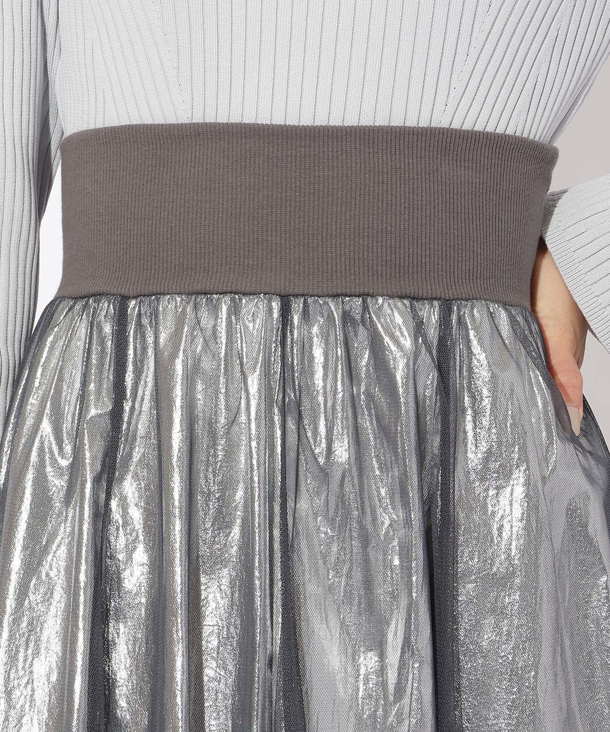 アンドクチュール「チュールレイヤード箔スカート」|フレア|