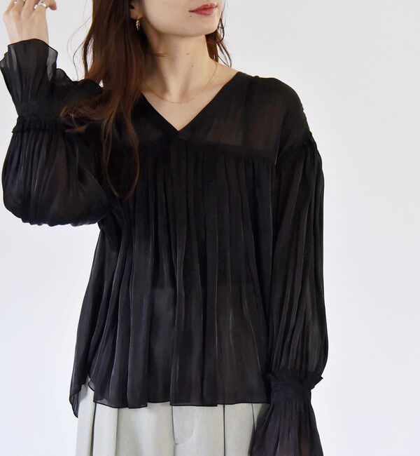 quaranciel「quaranciel:〈手洗い可能〉シアー シャイン サテン ギャザー ブラウス」|シャツ・ブラウス|