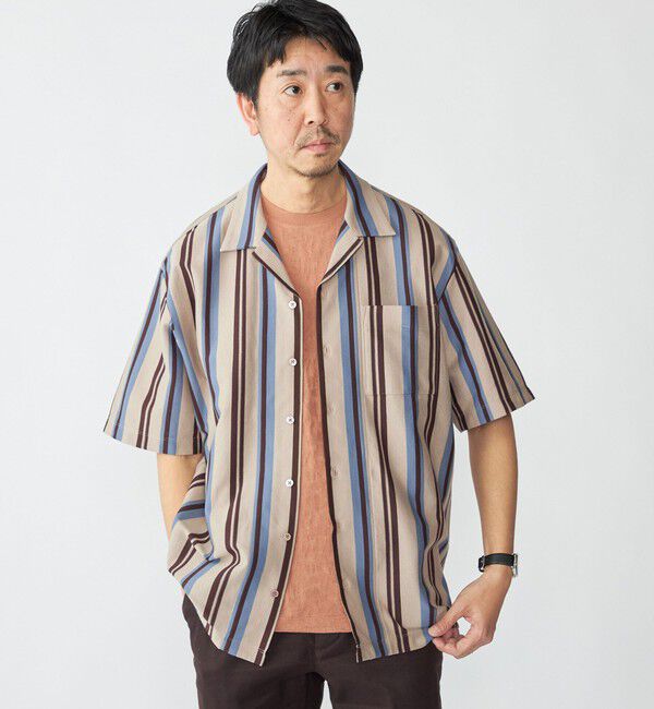 SHIPS「SHIPS: ハニカム ストライプ ショートスリーブ オープンカラー シャツ」|シャツ・ブラウス|ベージュ