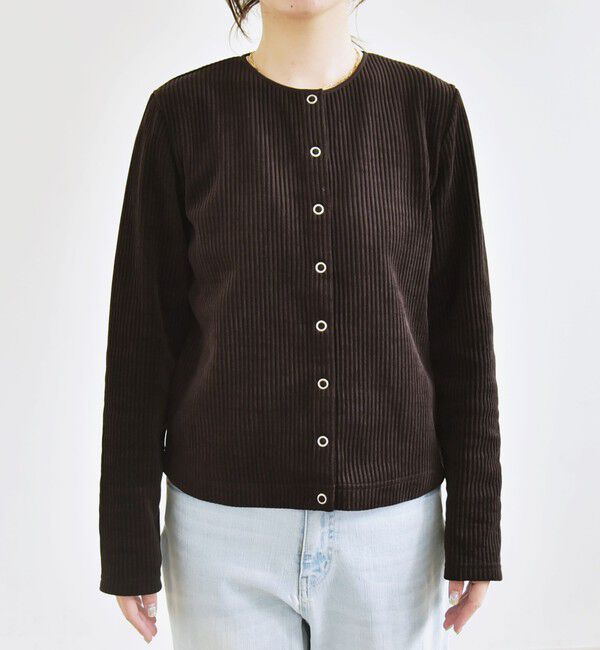 quaranciel「quaranciel:〈洗濯機可能〉ポリエステル ベロア リブ コンパクト スナップ カーディガン」|カーディガン|