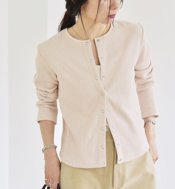 quaranciel「quaranciel:〈洗濯機可能〉ポリエステル ベロア リブ コンパクト スナップ カーディガン」|カーディガン|クリーム