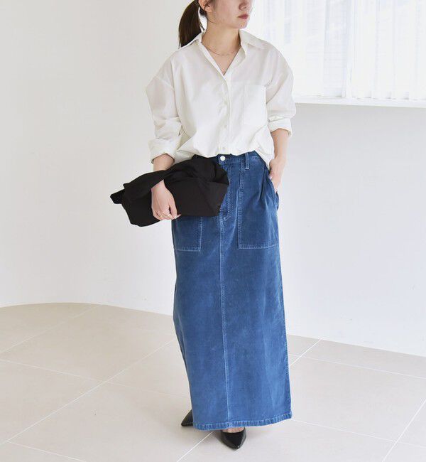 quaranciel「quaranciel:〈洗濯機可能〉コットン ベロア インディゴ Iライン ストレート スカート」|タイト|