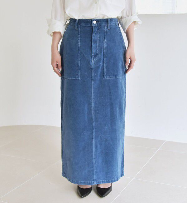 quaranciel「quaranciel:〈洗濯機可能〉コットン ベロア インディゴ Iライン ストレート スカート」|タイト|