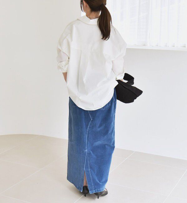 quaranciel「quaranciel:〈洗濯機可能〉コットン ベロア インディゴ Iライン ストレート スカート」|タイト|