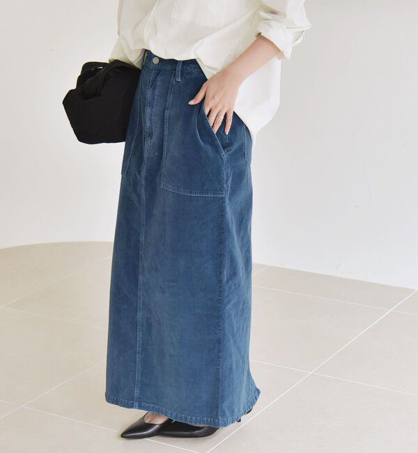 quaranciel「quaranciel:〈洗濯機可能〉コットン ベロア インディゴ Iライン ストレート スカート」|タイト|