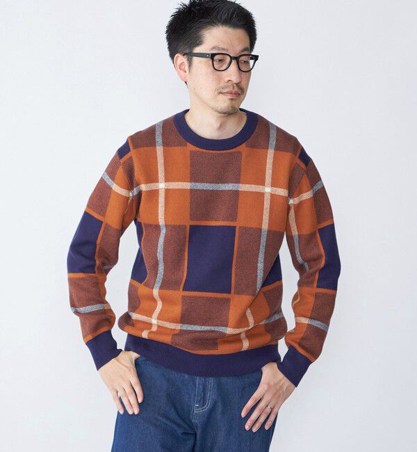 SHIPS「SHIPS:〈洗濯機可能〉 コットン カシミヤ チェック クルーネック ニット」|ニット・セーター|