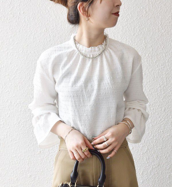 SHIPS any「SHIPS any:〈洗濯機可能〉シアー ジャージー スタンド フリル カット ブラウス」|シャツ・ブラウス|ホワイト