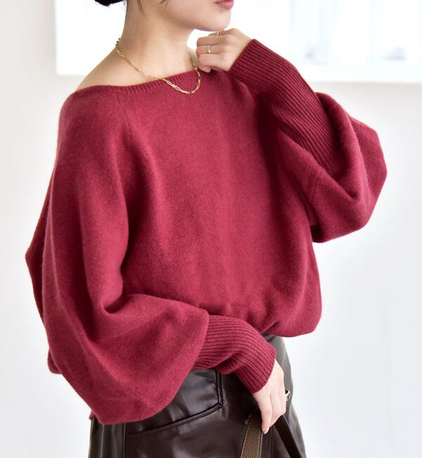 quaranciel「quaranciel:〈手洗い可能〉AQUA カシミヤ ミックス ボートネック ロングリブ パフ ニット」|ニット・セーター|ワイン