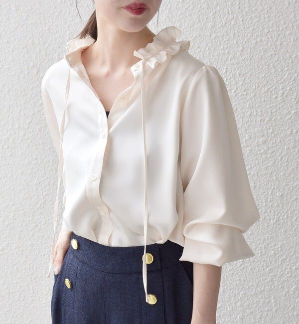 SHIPS any「《一部追加予約》SHIPS any:〈洗濯機可能〉サテン フリル カラー リボン シャツ ブラウス」|シャツ・ブラウス|