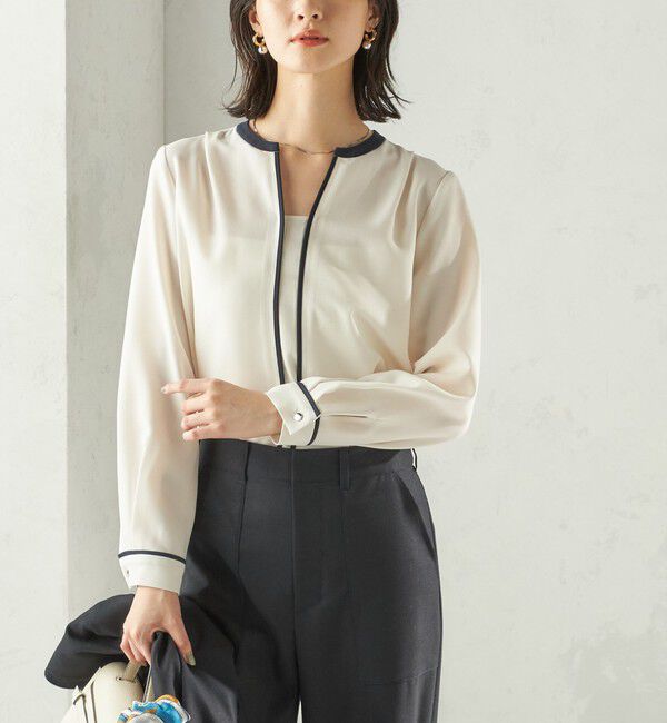 SHIPS for women「〈手洗い可能〉配色 パイピング キーネック 長袖ブラウス」|シャツ・ブラウス|オフホワイト