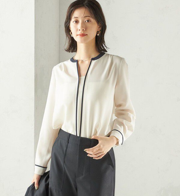 SHIPS for women「〈手洗い可能〉配色 パイピング キーネック 長袖ブラウス」|シャツ・ブラウス|