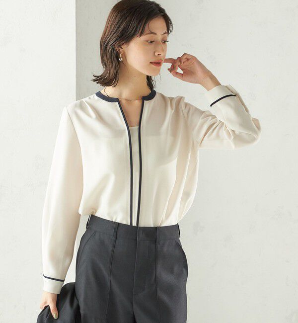 SHIPS for women「〈手洗い可能〉配色 パイピング キーネック 長袖ブラウス」|シャツ・ブラウス|