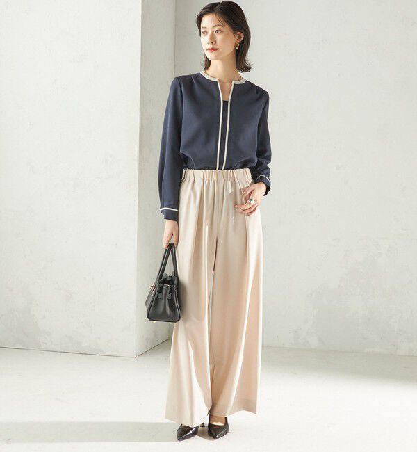 SHIPS for women「〈手洗い可能〉配色 パイピング キーネック 長袖ブラウス」|シャツ・ブラウス|