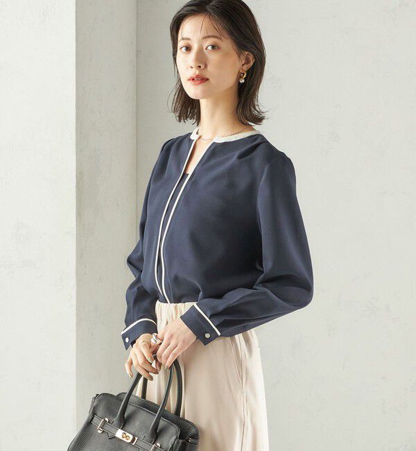 SHIPS for women「〈手洗い可能〉配色 パイピング キーネック 長袖ブラウス」|シャツ・ブラウス|