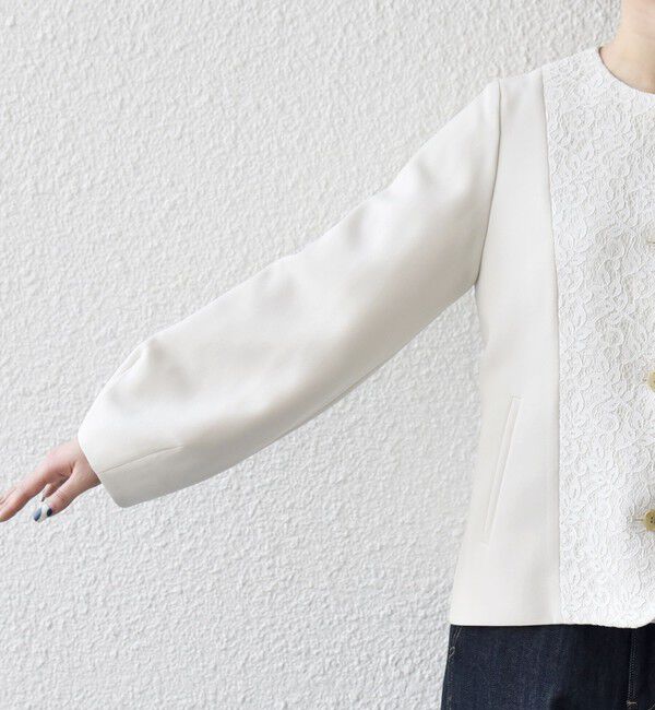 SHIPS any「《一部追加予約》SHIPS any:〈手洗い可能〉ダブルクロス レース 切替 ノーカラー ジャケット［NAVY BLUE］」|ノーカラージャケット|