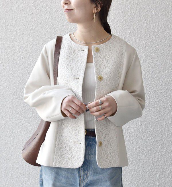 SHIPS any「《一部追加予約》SHIPS any:〈手洗い可能〉ダブルクロス レース 切替 ノーカラー ジャケット［NAVY BLUE］」|ノーカラージャケット|