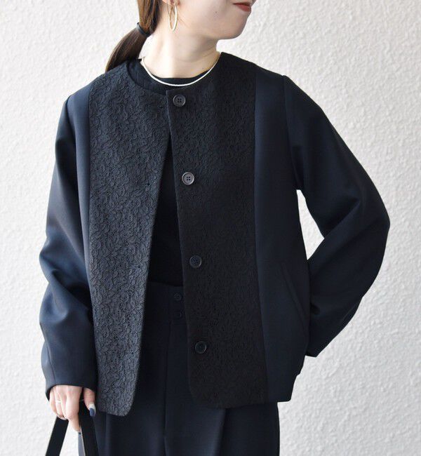 SHIPS any「《一部追加予約》SHIPS any:〈手洗い可能〉ダブルクロス レース 切替 ノーカラー ジャケット［NAVY BLUE］」|ノーカラージャケット|